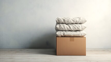 Cardboard box stacked with folded white pillows inside a room
