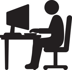 Black silhouette icon of a person sitting at a desk using a computer with a wheeled chair user