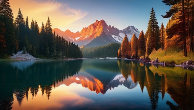 serene mountain lake reflection at sunrise with majestic peaks and dense pine forest