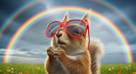 Contemplative Squirrel in Red Sunglasses Under a Majestic Double Rainbow