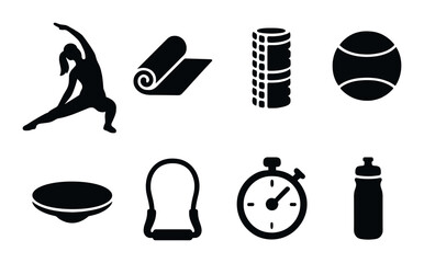 Fototapeta premium Silhouette icons of fitness and sports equipment on dark background