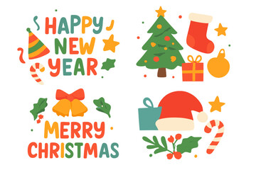 Christmas and New Year vector elements set. Flat cartoon illustration collection with holiday icons: Santa hat, tree, gift, bell, candy cane. Greeting design clipart.