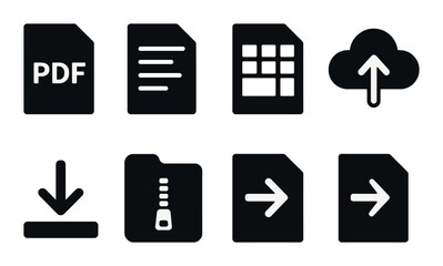 File icons set: pdf, document, spreadsheet, cloud upload, download, zip, arrow