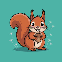 This delightful illustration features a cheerful cartoon squirrel holding an acorn, surrounded by whimsical white flowers on a vibrant turquoise background.