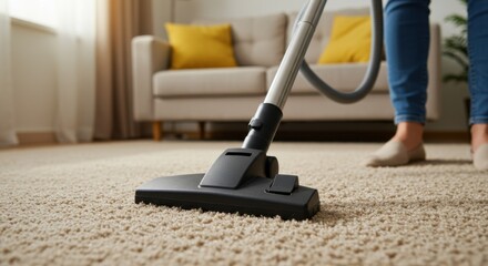 Close-up of vacuum cleaner on plush carpet, soft natural light, blurred couch with yellow cushions, clean home interior

