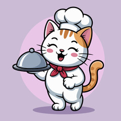 This charming illustration depicts a cheerful cat dressed as a chef, proudly presenting a dish under a cloche, embodying joy and culinary excellence in a whimsical setting.