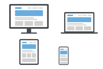 Responsive web design and adaptive user interface vector illustration showing digital devices laptop, tablet, monitor, smartphone with website template concept for modern multi-screen layout