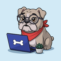 A quirky cartoon bulldog wearing glasses, sitting at a laptop with a plant nearby, portraying a blend of intelligence and cuteness in a cozy and modern workspace design.
