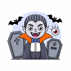 This delightful cartoon vampire character dressed in a classic cape stands amidst gravestones and bats, perfectly embodying the fun, spooky spirit of Halloween celebrations.