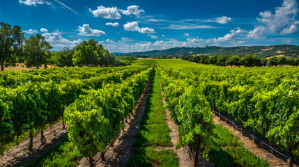 Naklejka premium Vineyard rows stretching through sunny wine country landscape