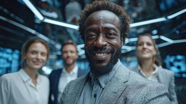 Dynamic team in futuristic office, diverse entrepreneurs present, wide-angle lens