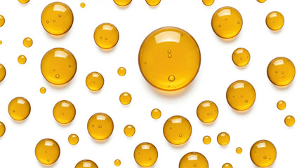 Fototapeta premium Golden translucent liquid drops, like oil or serum, on white, for beauty product ads, health packaging, cosmetic branding, or scientific visuals.