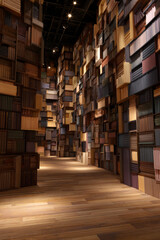 Obraz premium Cinematic fantasy book cafe with countless bookshelves constructing walls floor and ceiling, illuminated by bright warm lighting for magical library atmosphere and whimsical literary concept