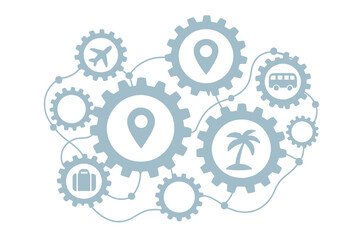 Travel mechanism abstract background with interconnected gears and flat icons. Vector illustration with location pins, airplane, bus, suitcase, and palm tree symbols for travel and tourism concepts.