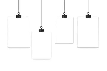 Blank paper poster mockup hanging on black office binder clips, minimal white gallery set, isolated vector illustration with transparent background, clean design display