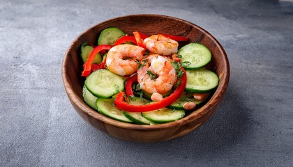 vibrant and healthy shrimp salad with crisp cucumbers and sweet red bell peppers a refreshing and nutritious meal served in a rustic wooden bowl on a textured grey background