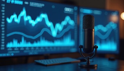 Modern podcast studio setup featuring microphone with analytical data visualization on dual computer monitors. Data analysis related to podcasting. Audio recording studio tech, digital platform.