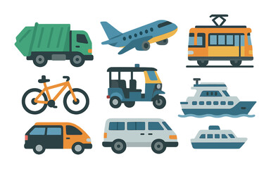 Colorful transportation icons featuring vehicles in various styles and designs