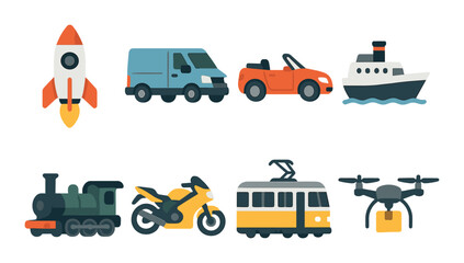 Set of colorful vehicle icons: rocket, van, car, ship, train, motorcycle, tram, drone