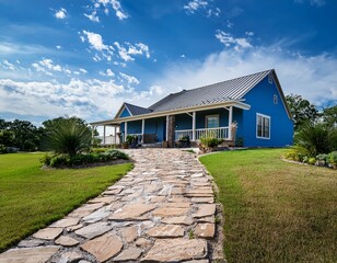 charming blue farmhouse with stone accents in texas hill country features stone path leading to entrance rich landscaping bright summer sky beautiful residential property combines modern classic
