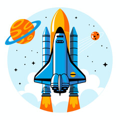 Obraz premium A bright and dynamic illustration of a rocket launching into space surrounded by planets and stars, capturing the excitement of exploration and adventure in the cosmos.