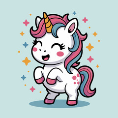 Fototapeta premium A charming unicorn prances joyfully, surrounded by sparkling stars, representing fantasy, joy, and the enchanting world of mythical creatures in a vibrant art style.