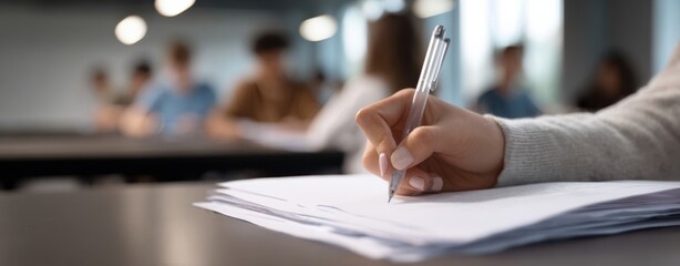 The student writing exam papers in a focused modern classroom setting