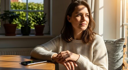 Serene woman sitting at a table by the window, enjoying the sunlight and a peaceful moment