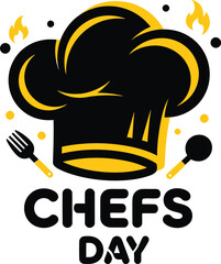 Celebration of chefs day with toque hat flaming flames fork spoon and culinary tools festive design vector