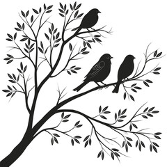 Silhouette of three birds perched on a tree branch