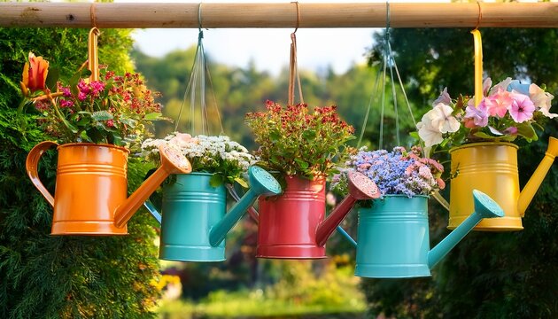 hanging watering cans adorned with vibrant flowers a charming garden decoration