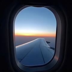 Vector art of airplane wing view from window at sunset, capturing the beauty of flight