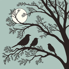 Birds on a branch under the moon silhouette illustration at night
