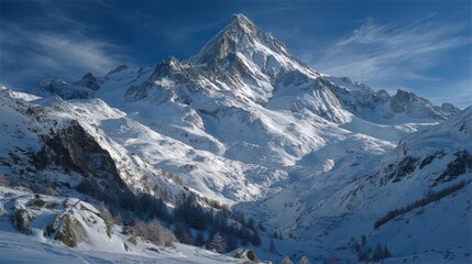 High-angle view, snowy mountain peak, serene white slopes under a clear blue sky