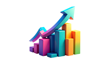 Vibrant, 3D graphic of a rising bar graph