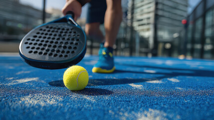 Paddle Tennis in Action: Captivating action shot, the frame focuses on the precise moment before the ball meets the paddle on a modern padel court, showcasing agility and sport