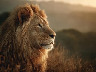 Obraz premium Majestic lion side view, sunrays piercing through savannah dust, vibrant golden mane
