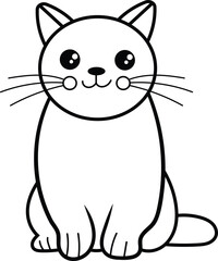Cute cartoon black and white line drawing of a sitting cat with big eyes and whiskers