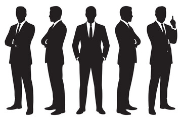 Silhouettes of Businessman character in different poses. Business man in formal suit standing front, back, rear, side view, pointing, thinking. Vector Black silhouettes. with white background