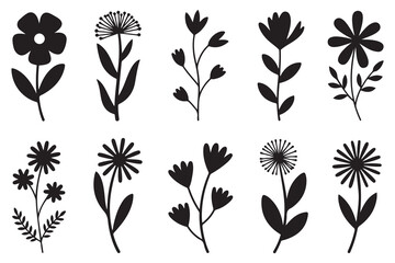 Set of flower and leaves silhouettes. Hand drawn floral design elements, icons, shapes. Wild and garden flowers. Vector Black silhouettes. with white background