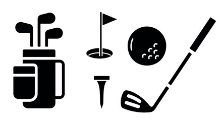 Golf equipment silhouette icon set with clubs, bag, ball, tee, flag, and hole