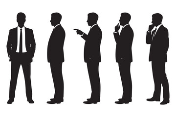 Silhouettes of Businessman character in different poses. Business man in formal suit standing front, back, rear, side view, pointing, thinking. Vector Black silhouettes. with white background