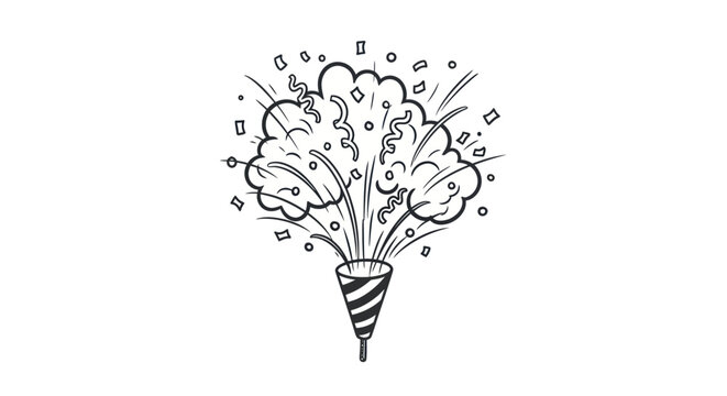 Hand-drawn illustration of a party popper exploding with confetti and streamers.