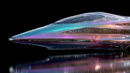 Spaceship side view, sleek aerodynamic design, galaxy colors reflecting on its hull