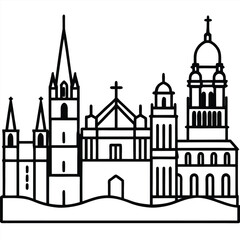 Detailed line art of a cityscape with various churches and cathedrals