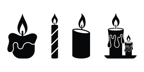 Candle icon black silhouette vector illustration isolated on white background. Silhouette of candle with a flame, often used in birthday celebrations. Vector illustration. EPS 10