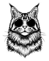 Fototapeta premium Maine Coon Cat Head Wearing Sunglasses Cool Retro Black and White Outline Line Art Drawing Graphic Design