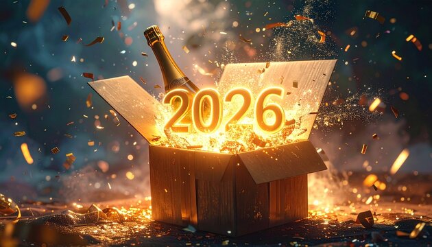 Caja de regalo envuelta que se abre llena de champ&aacute;n, confeti y un brillante 2026