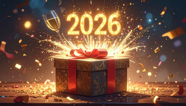 Caja de regalo envuelta que se abre llena de champ&aacute;n, confeti y un brillante 2026