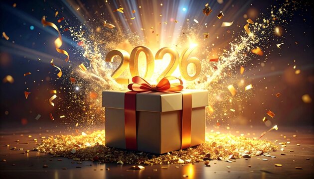 Caja de regalo envuelta que se abre llena de champ&aacute;n, confeti y un brillante 2026
